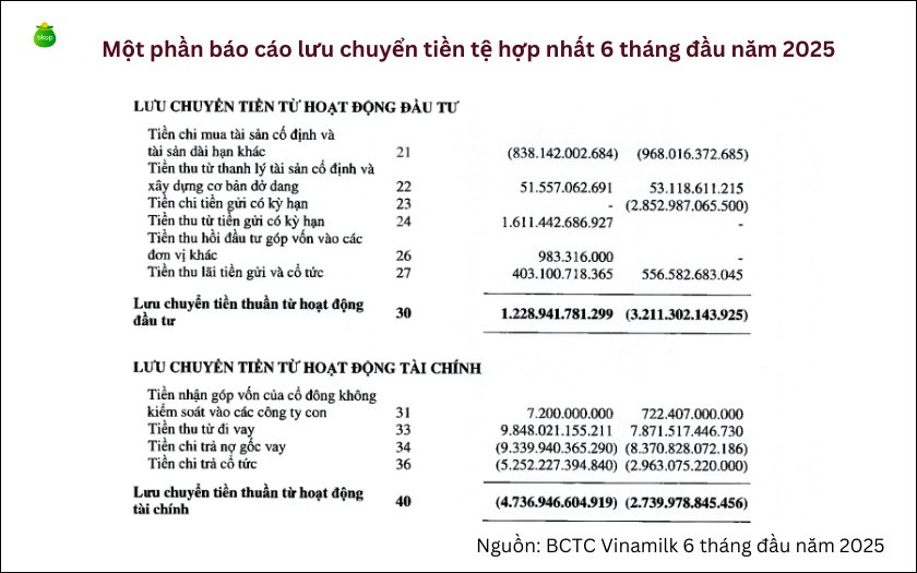 Một phần báo cáo lưu chuyển tiền tệ hợp nhất 6 tháng đầu năm 2025 của Vinamilk