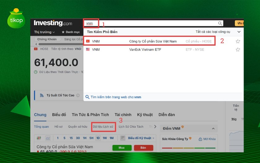 Lấy dữ liệu giá cổ phiếu VNM trên Investing.com