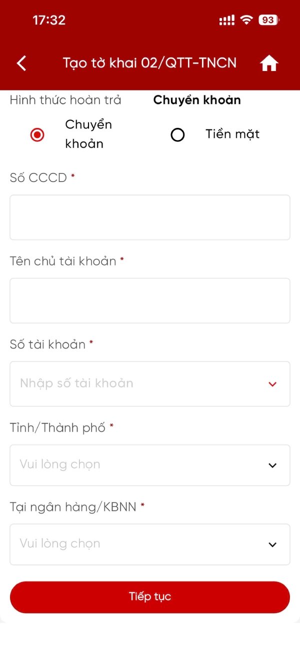 Nhập thông tin hoàn thuế