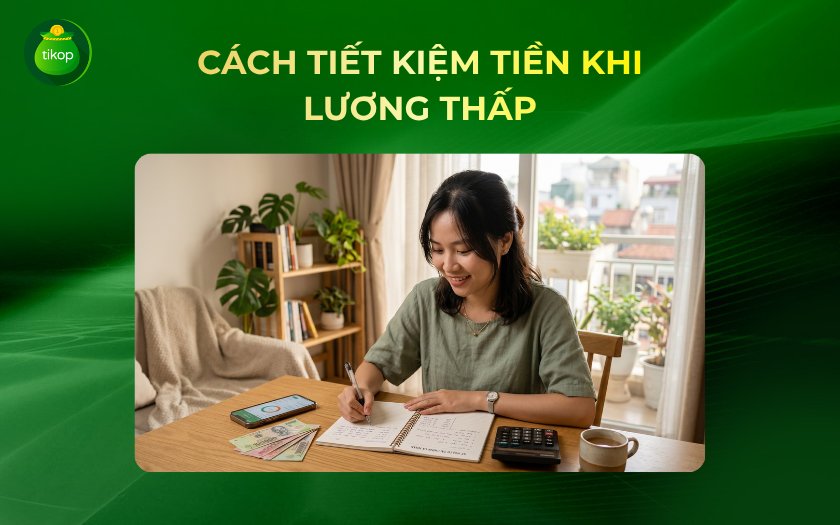 Tikop - Người trẻ lập kế hoạch tiết kiệm tiền khi lương thấp với sổ tay và điện thoại