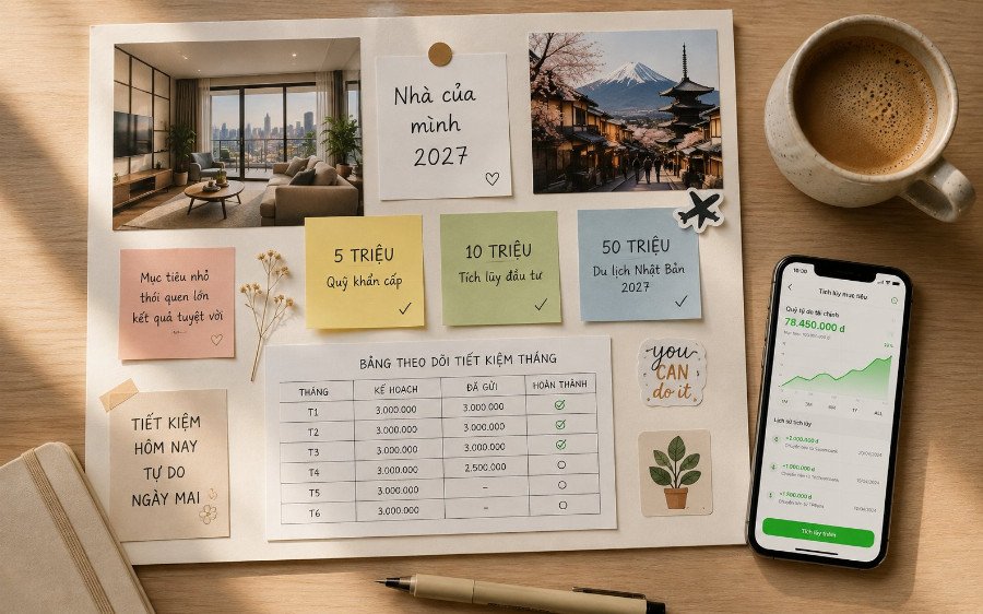 Bảng mục tiêu tài chính trực quan với hình ảnh và con số cụ thể giúp tạo động lực tiết kiệm tiền Bảng mục tiêu tài chính trực quan với hình ảnh và con số cụ thể giúp tạo động lực tiết kiệm tiền