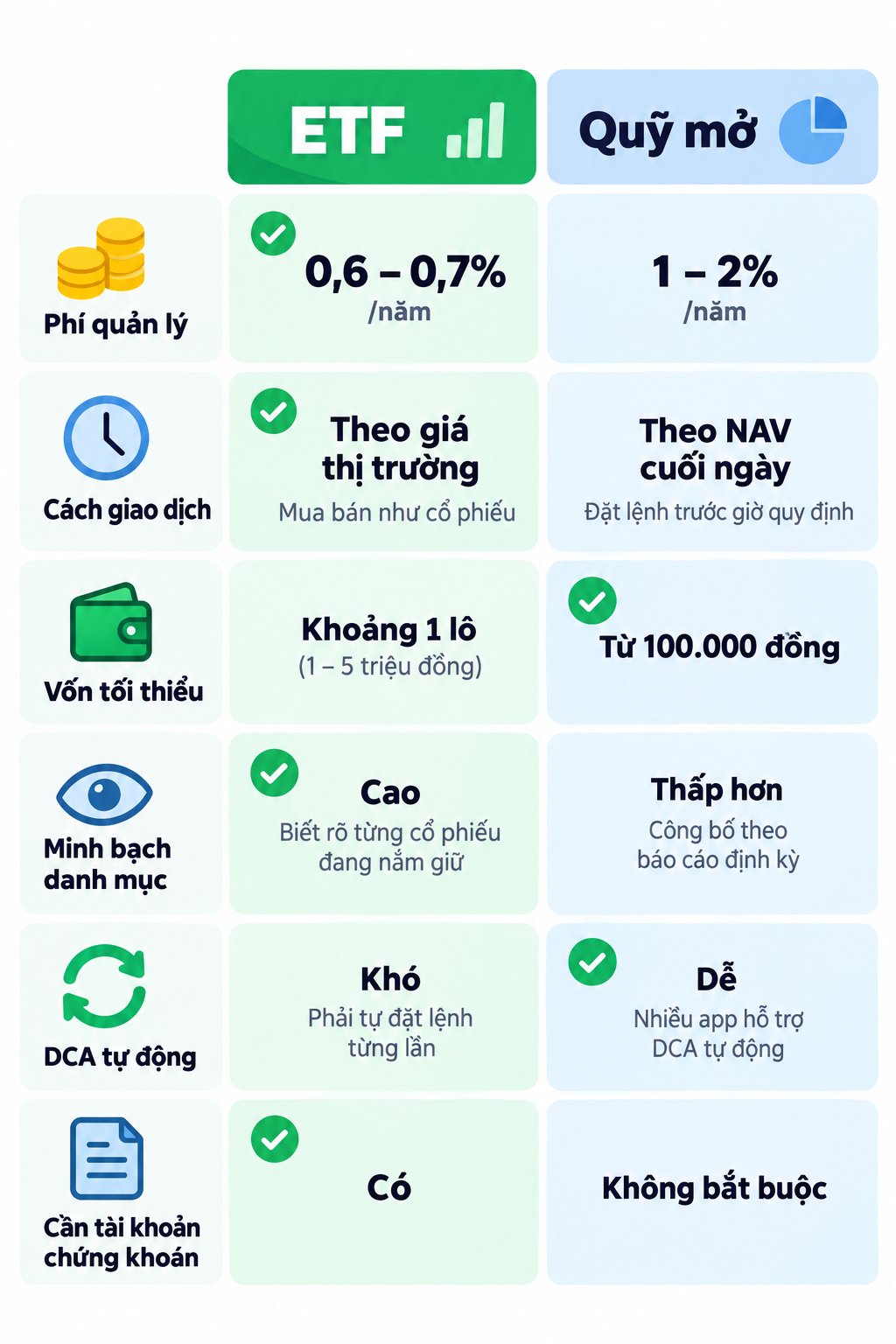 Bảng so sánh 6 tiêu chí ETF và quỹ mở Việt Nam Bảng so sánh 6 tiêu chí ETF và quỹ mở Việt Nam